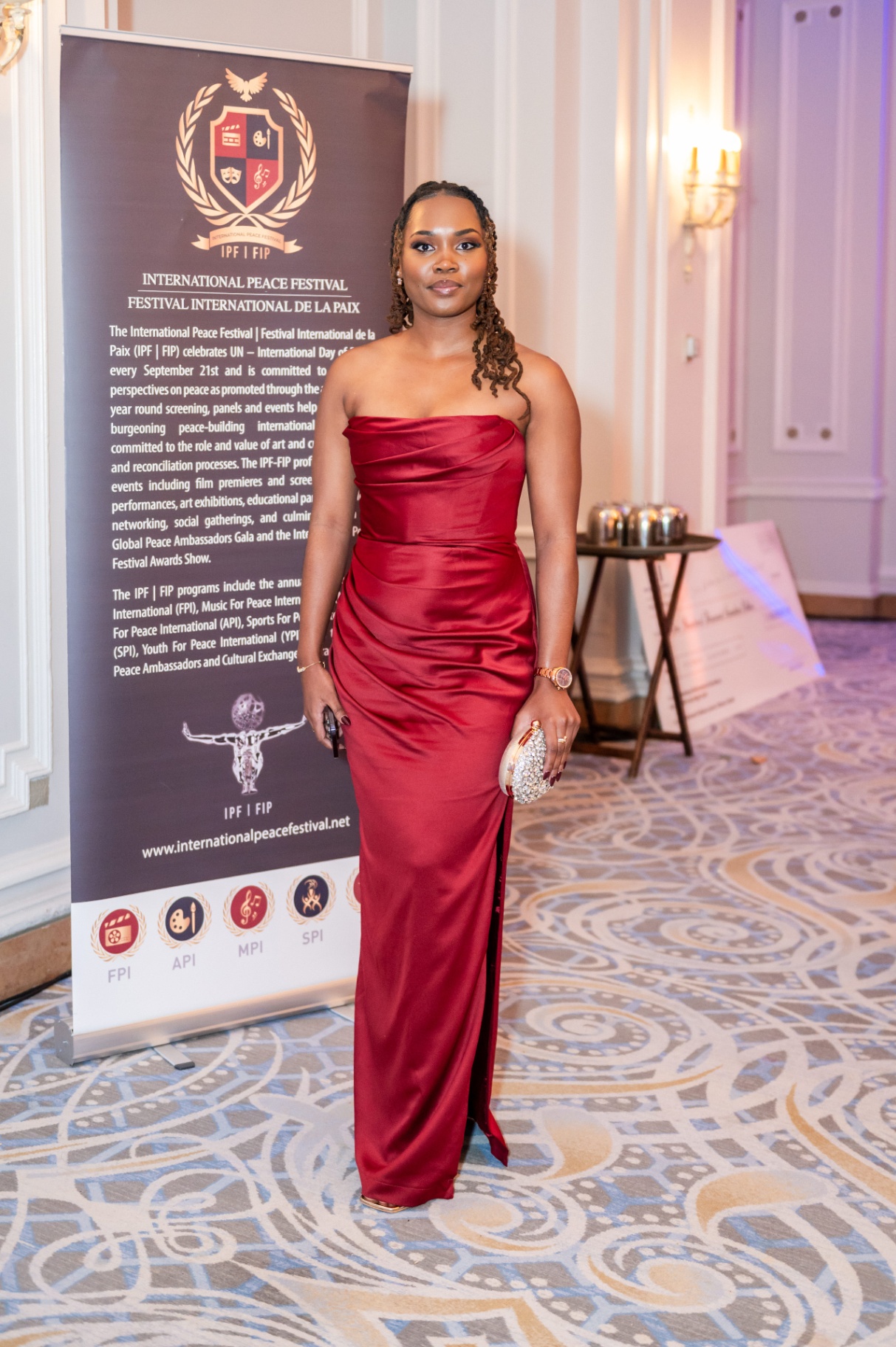 Formal portrait of a gala attendee during the dinner event