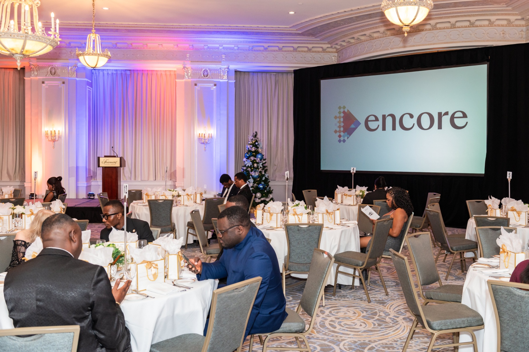 Ballroom view with the Encore stage screen at the Mbombo Gala Night 2025